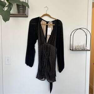 NWT Saint Genies Black Plunging V Neck Polkadot Ruched Mini Dress Size 12‎